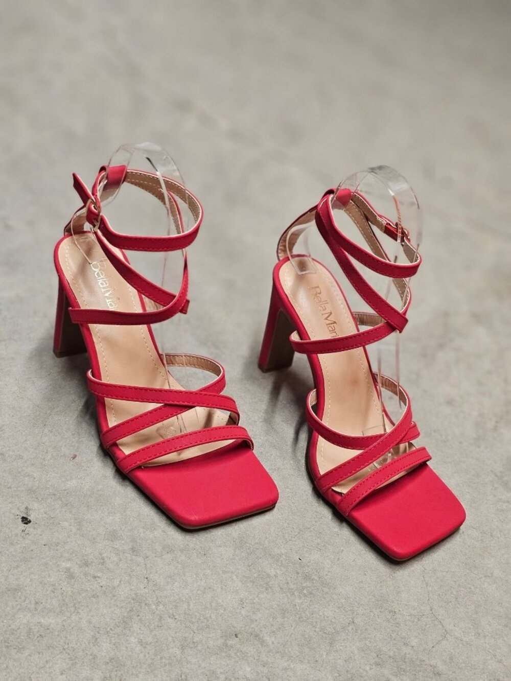 Red Strappy High-Heel Sandals With Square Toe & Adjustable Ankle Strap - Bella M